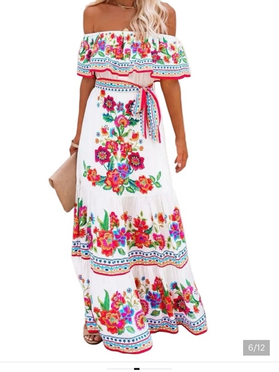 Dresses & Skirts - Off-Shoulder White Maxi Dress with Bright Floral Embroidery